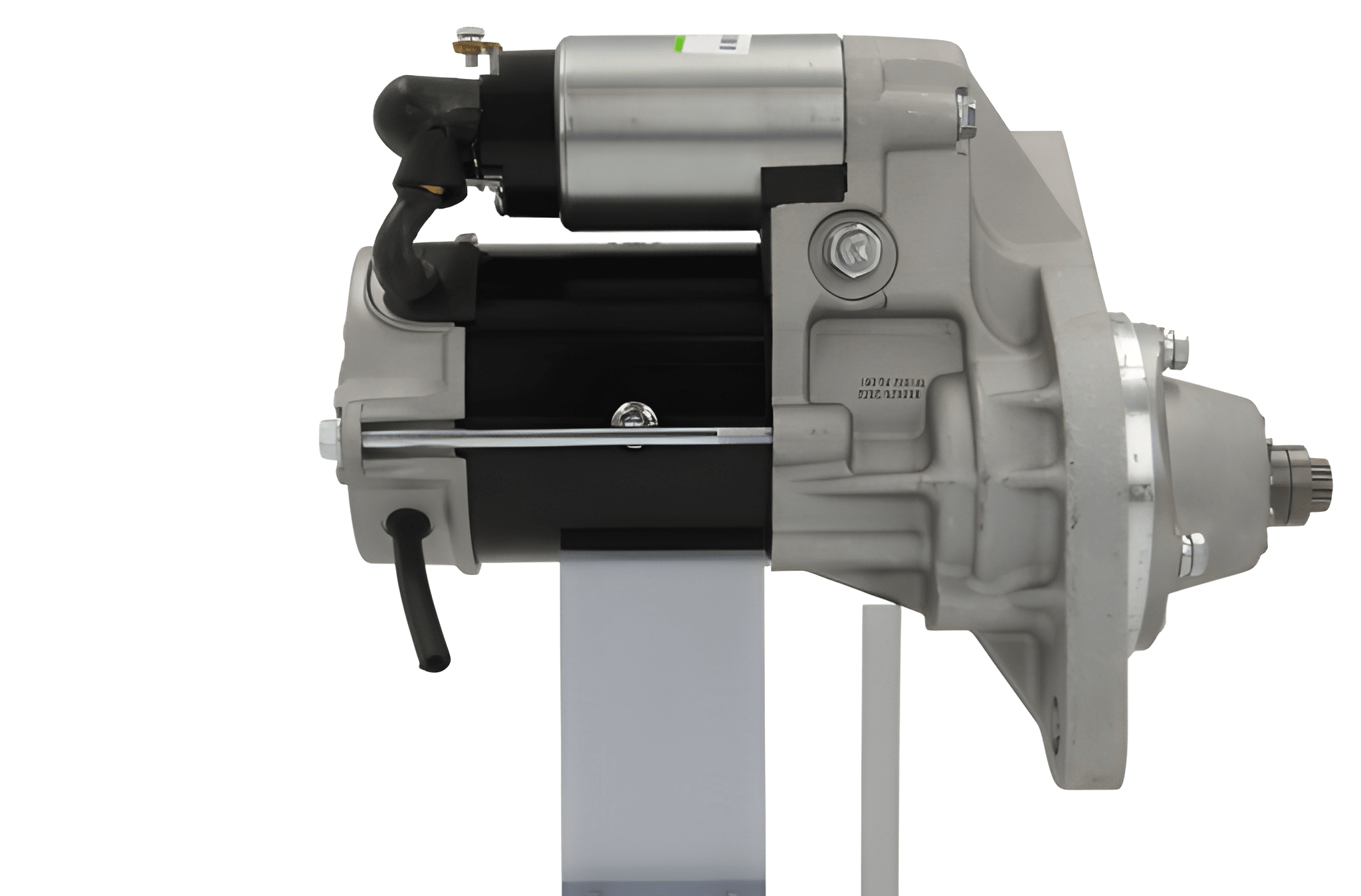 side view of A new 24V starter motor with a 4.5KW power rating for Isuzu vehicles, showing the body and electrical connectors.