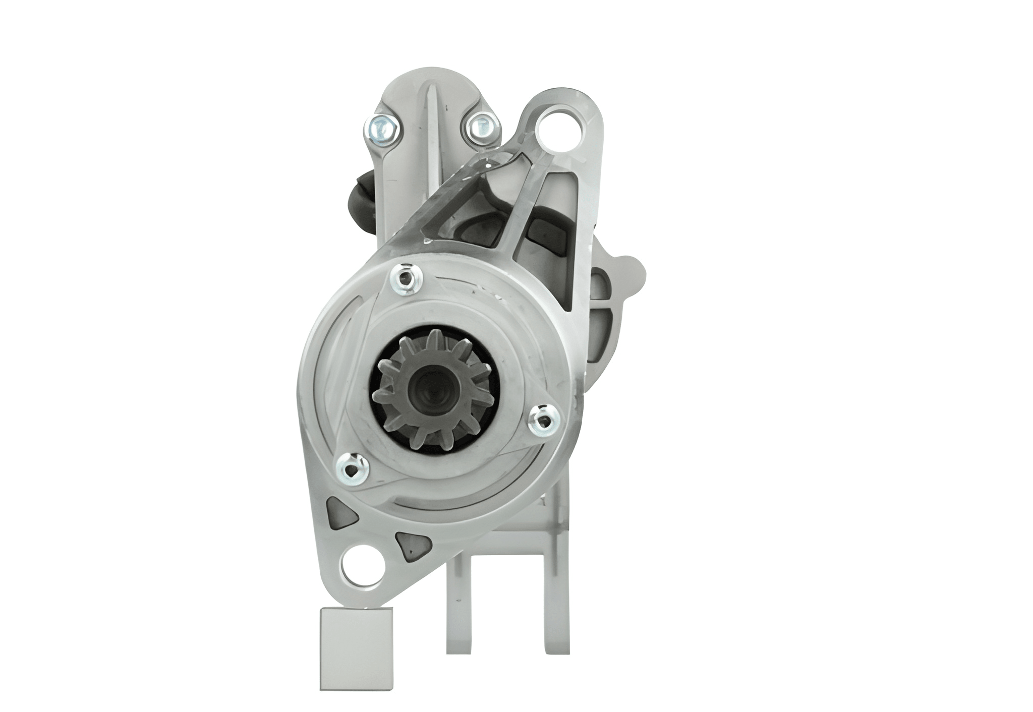 front view of A new 24V starter motor for Isuzu vehicles, 4.0KW showcasing its metallic body with mounting holes and electrical connectors.