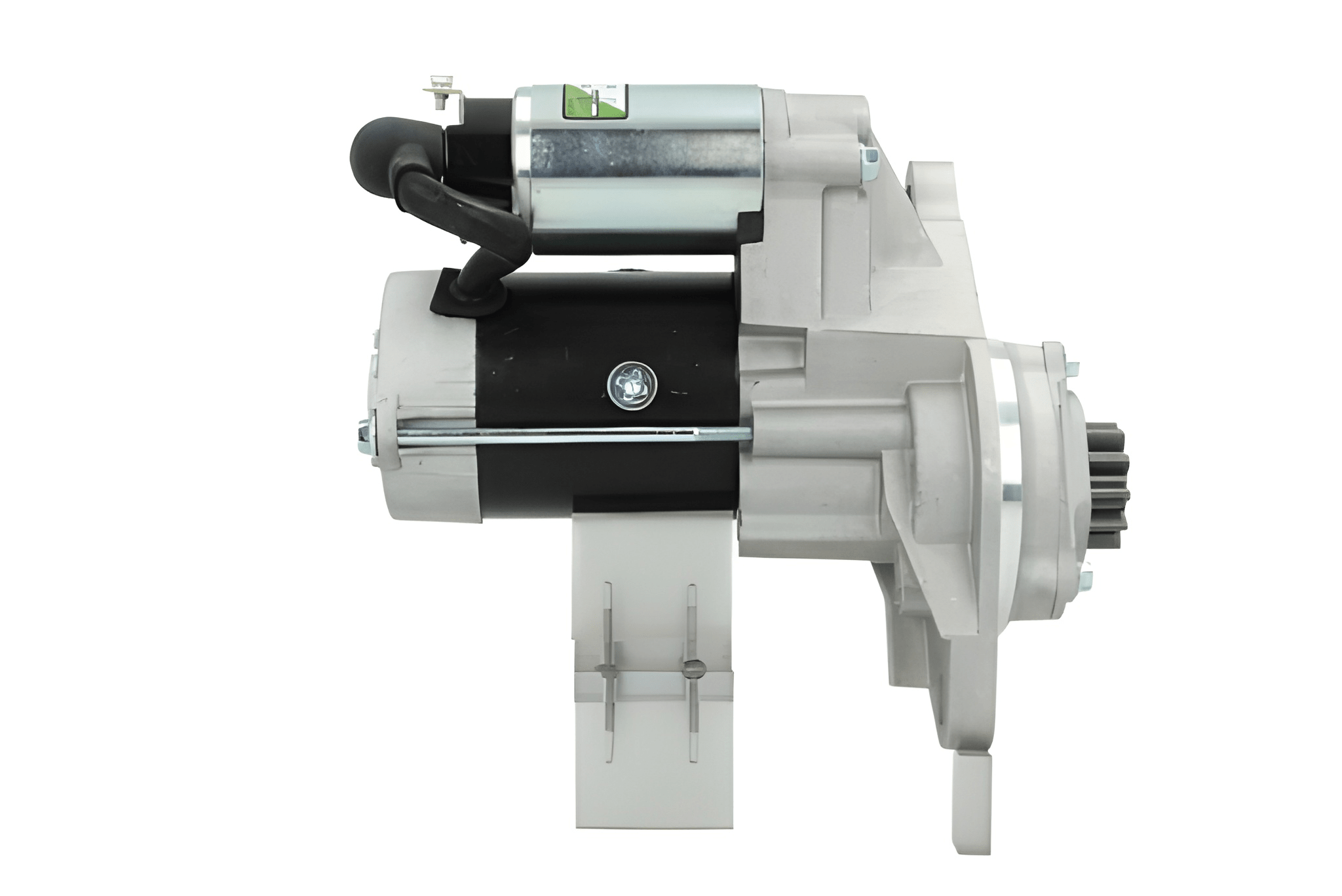 side view of A new 24V starter motor for Isuzu vehicles, 4.0KW showcasing its metallic body with mounting holes and electrical connectors.