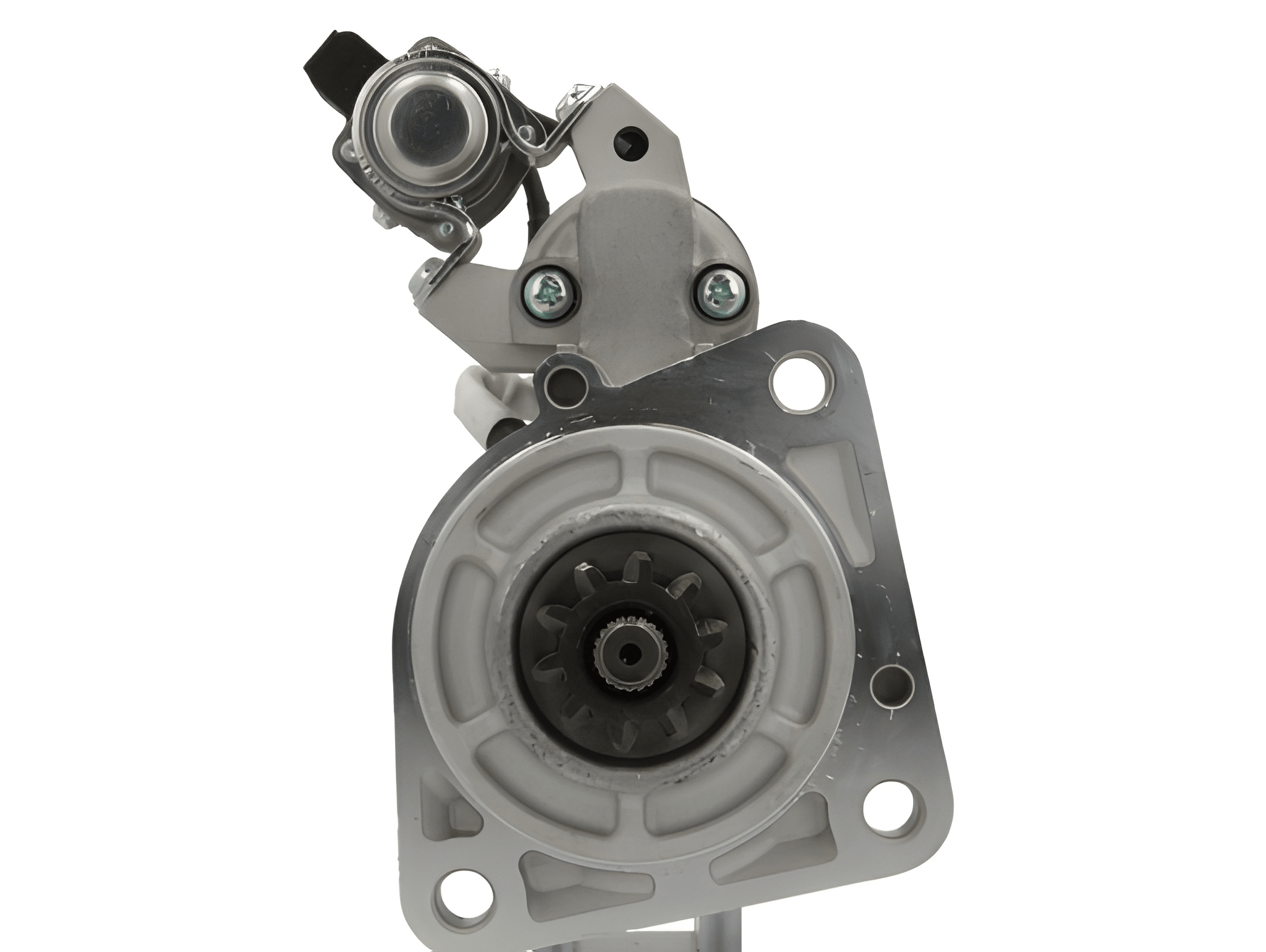 front view of A new 24V starter motor 5.0KW for Volvo and renault trucks, showing the metal body with electrical components and wiring.