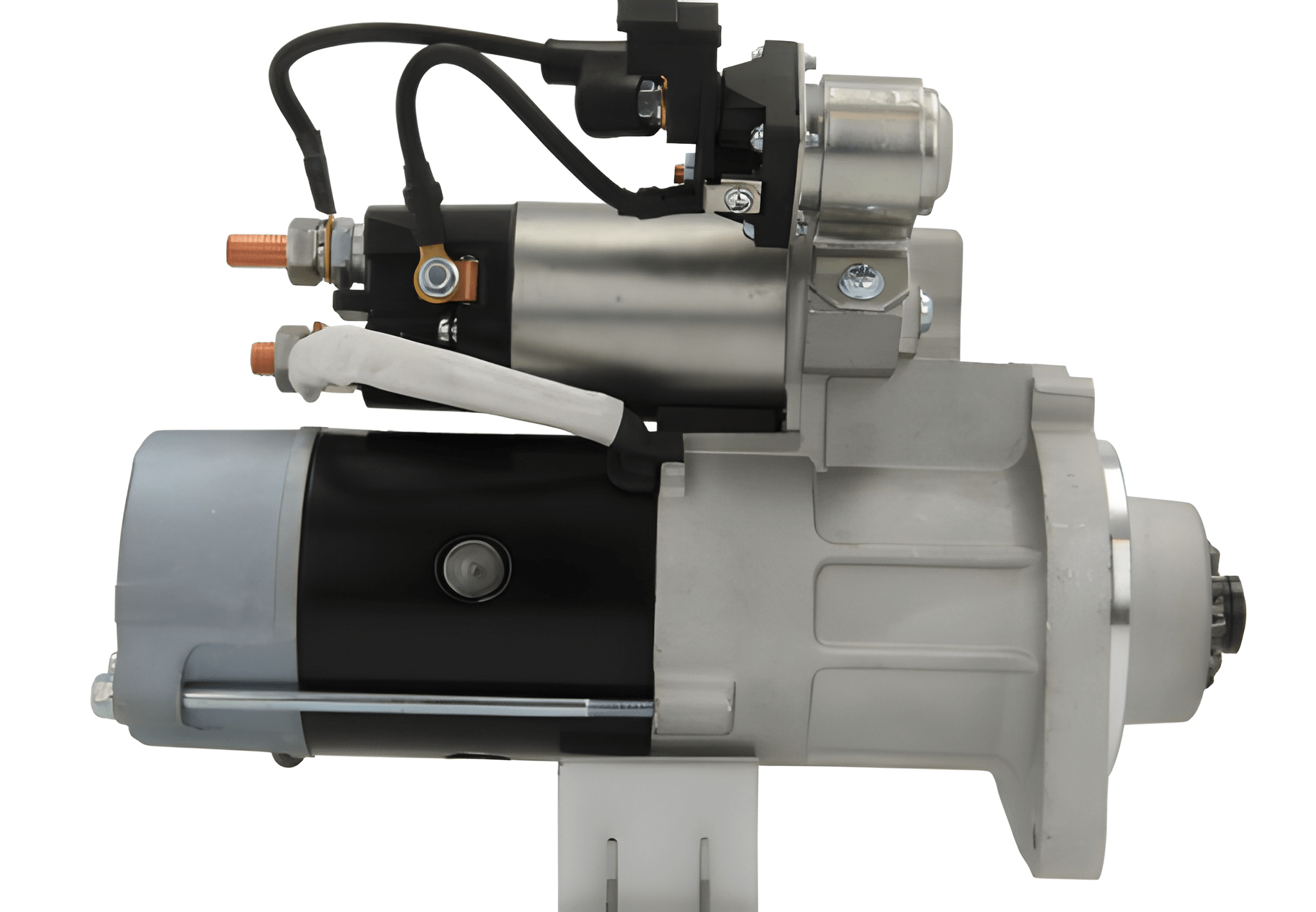 side view of A new 24V starter motor 5.0KW for Volvo and renault trucks, showing the metal body with electrical components and wiring.