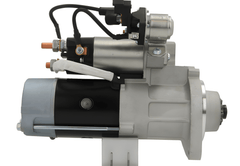 side view of A new 24V starter motor 5.0KW for Volvo and renault trucks, showing the metal body with electrical components and wiring.