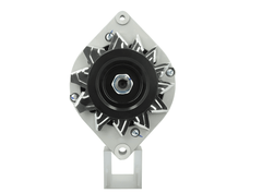 front view of A new 12V, 95A aftermarket alternator with a gray case, black free wheel pulley, and silver mounting hardware. Fits Case, New Holland, John Deere, JCB vvehicles
