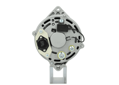 rear view of A new 12V, 95A aftermarket alternator with a gray case, black free wheel pulley, and silver mounting hardware. Fits Case, New Holland, John Deere, JCB vvehicles