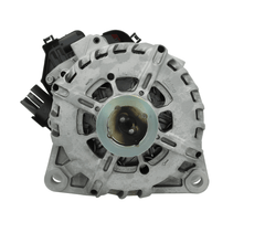 front view of A new 12V 180A aftermarket alternator with a silver finish and multiple electrical connectors. on a white background