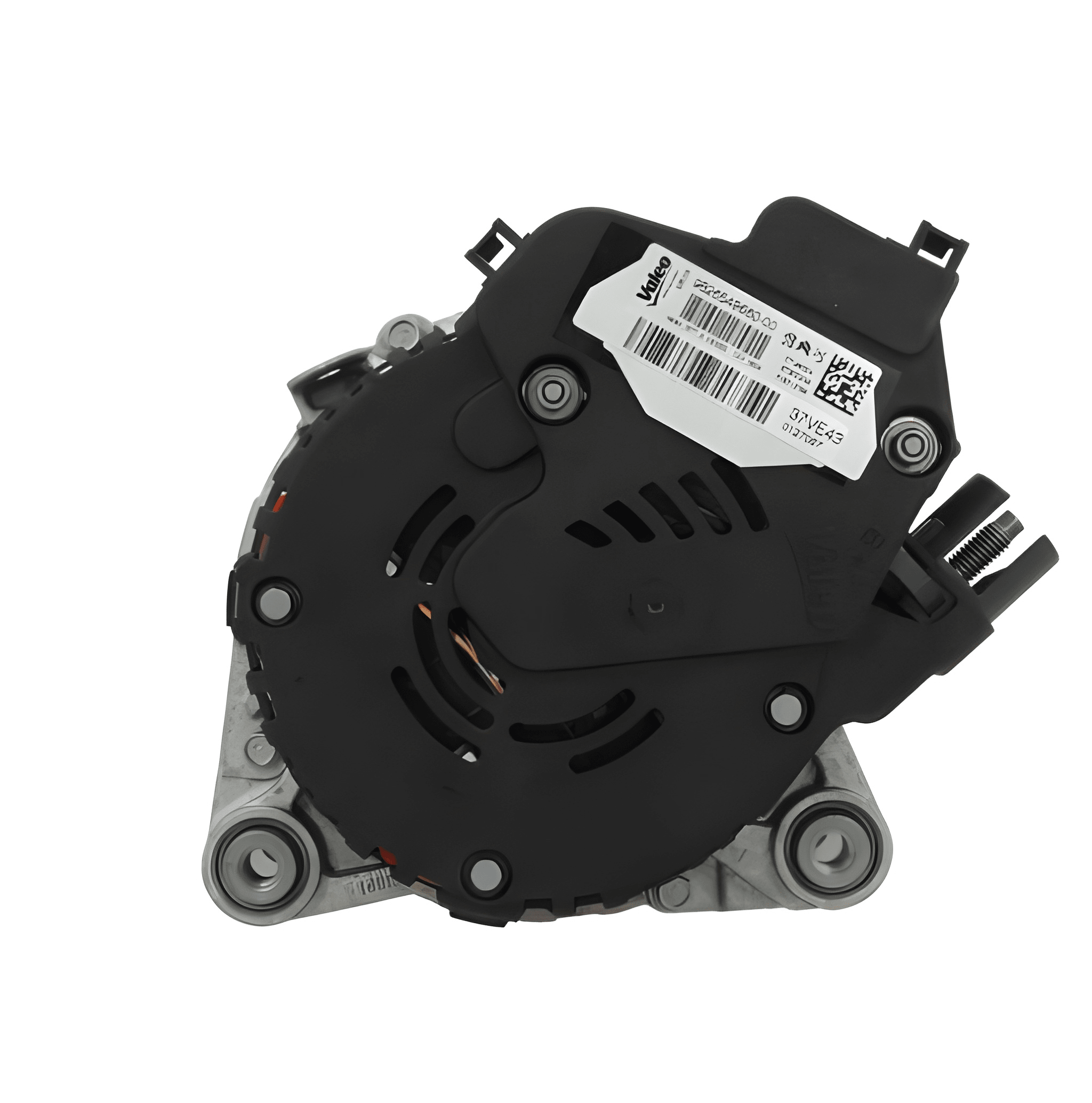rear view of A new 12V 180A aftermarket alternator with a silver finish and multiple electrical connectors. on a white background
