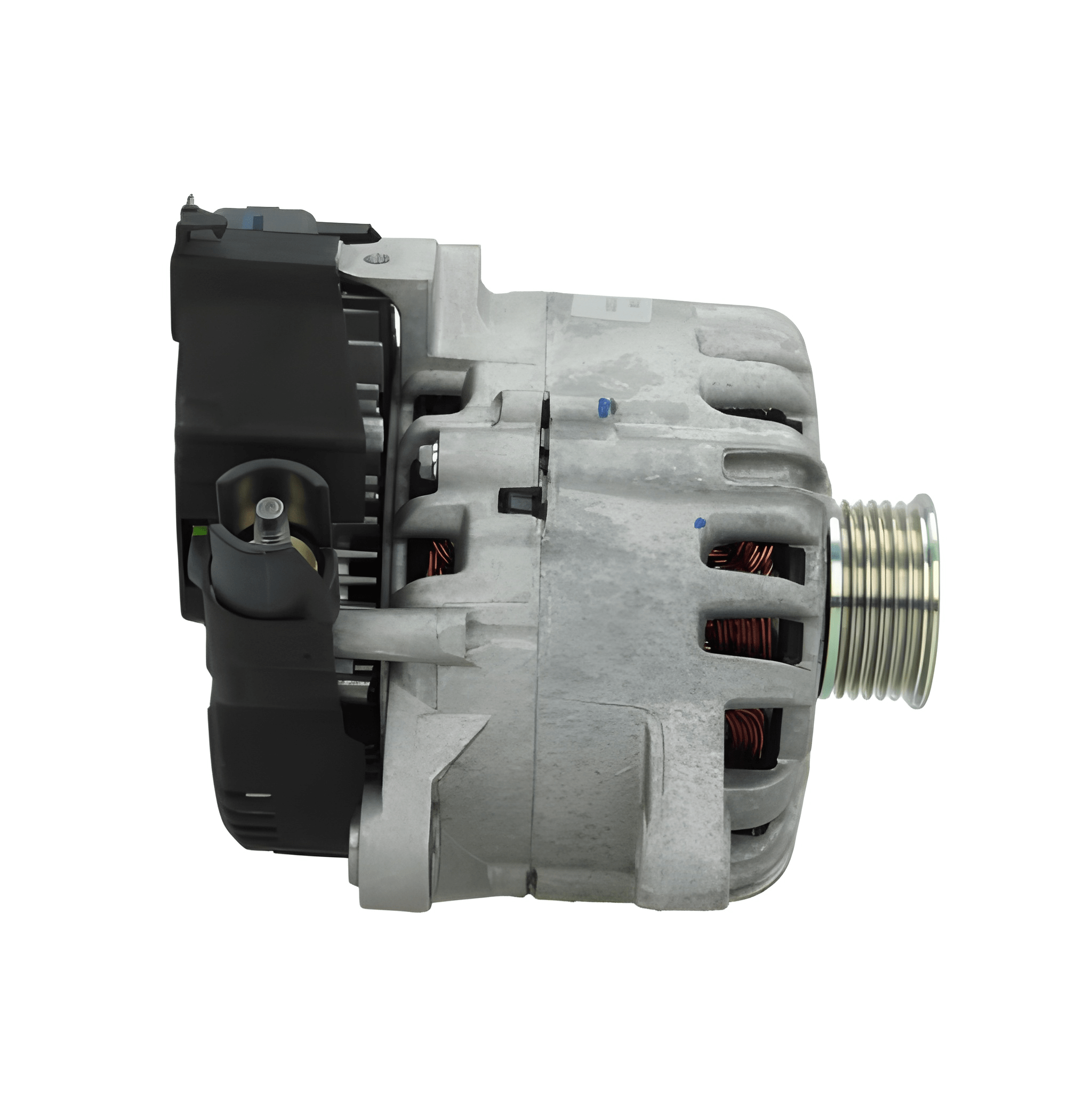 side profile of A new 12V 180A aftermarket alternator with a silver finish and multiple electrical connectors. on a white background