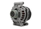 A new aftermarket alternator for Citroën, Peugeot, Ford and Fiat vehicles, featuring a metallic body with a pulley and connectors. on a white background