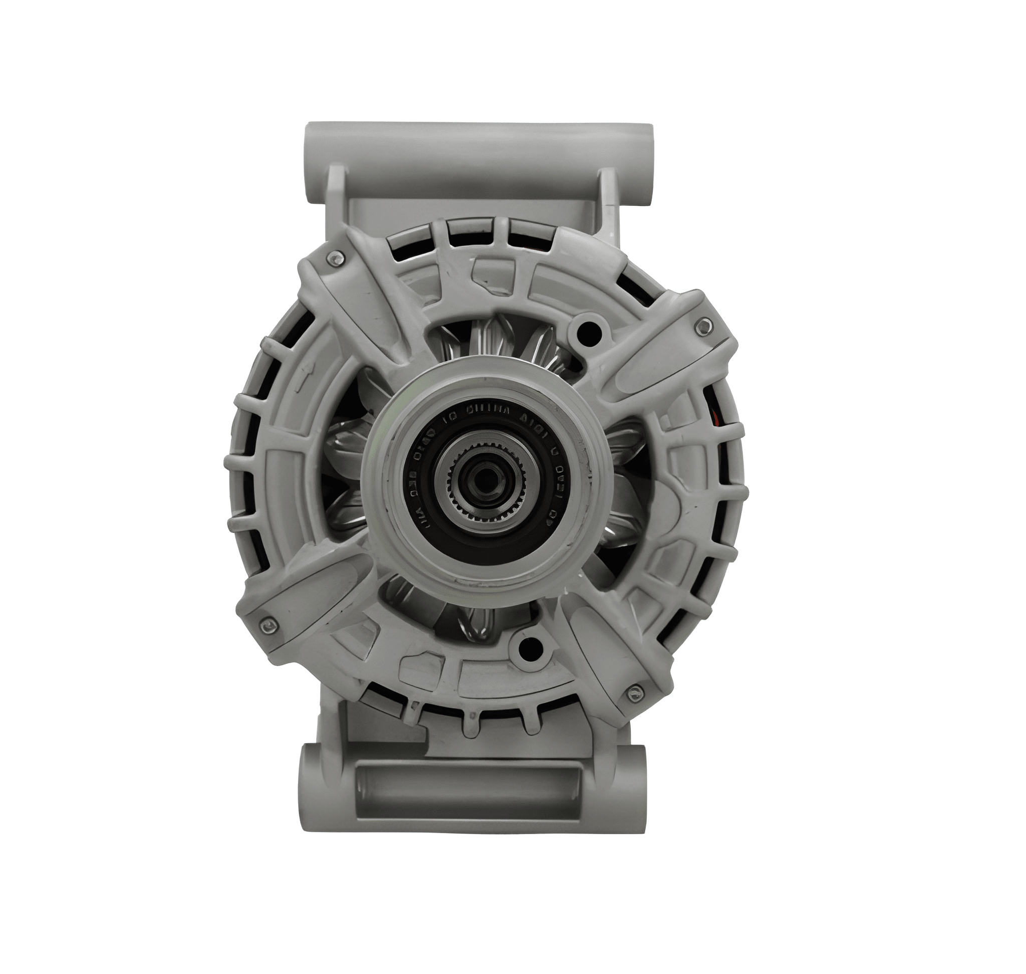 front view of A new aftermarket alternator for Citroën, Peugeot, Ford and Fiat vehicles, featuring a metallic body with a pulley and connectors. on a white background