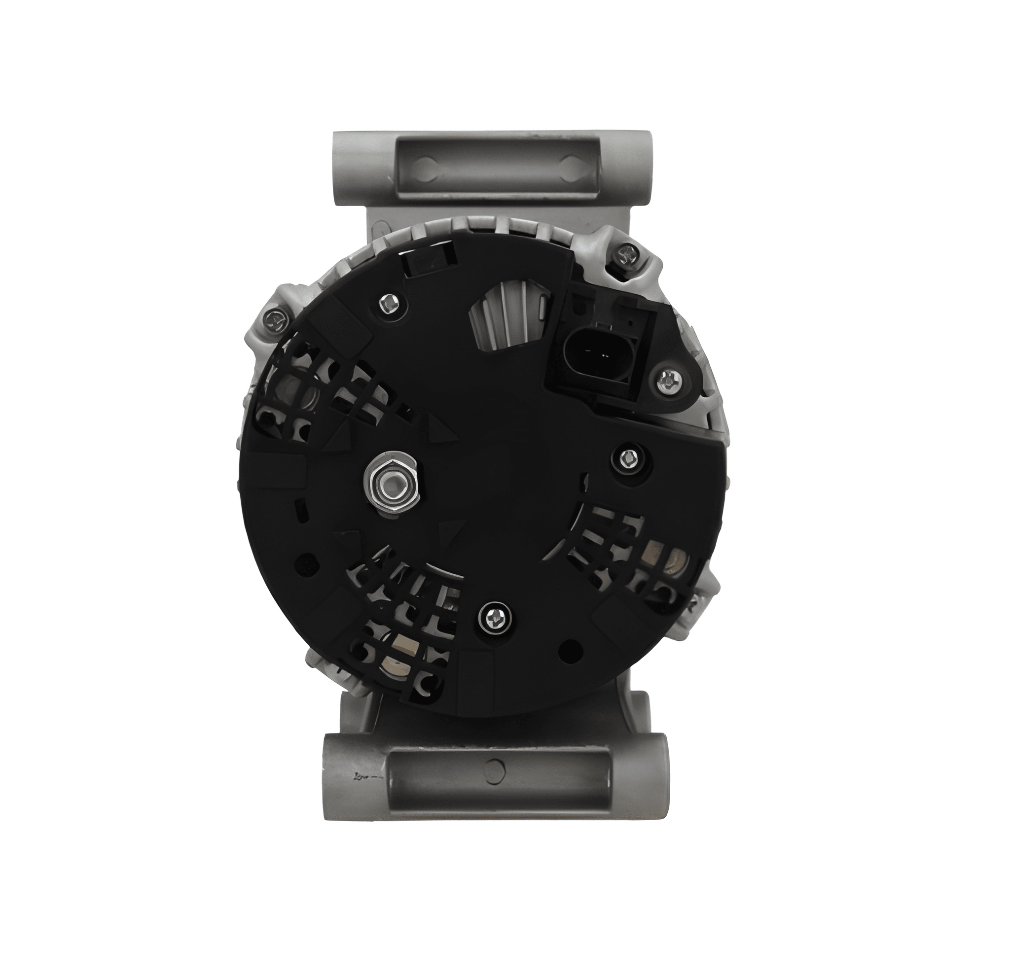 rear view of A new aftermarket alternator for Citroën, Peugeot, Ford and Fiat vehicles, featuring a metallic body with a pulley and connectors. on a white background