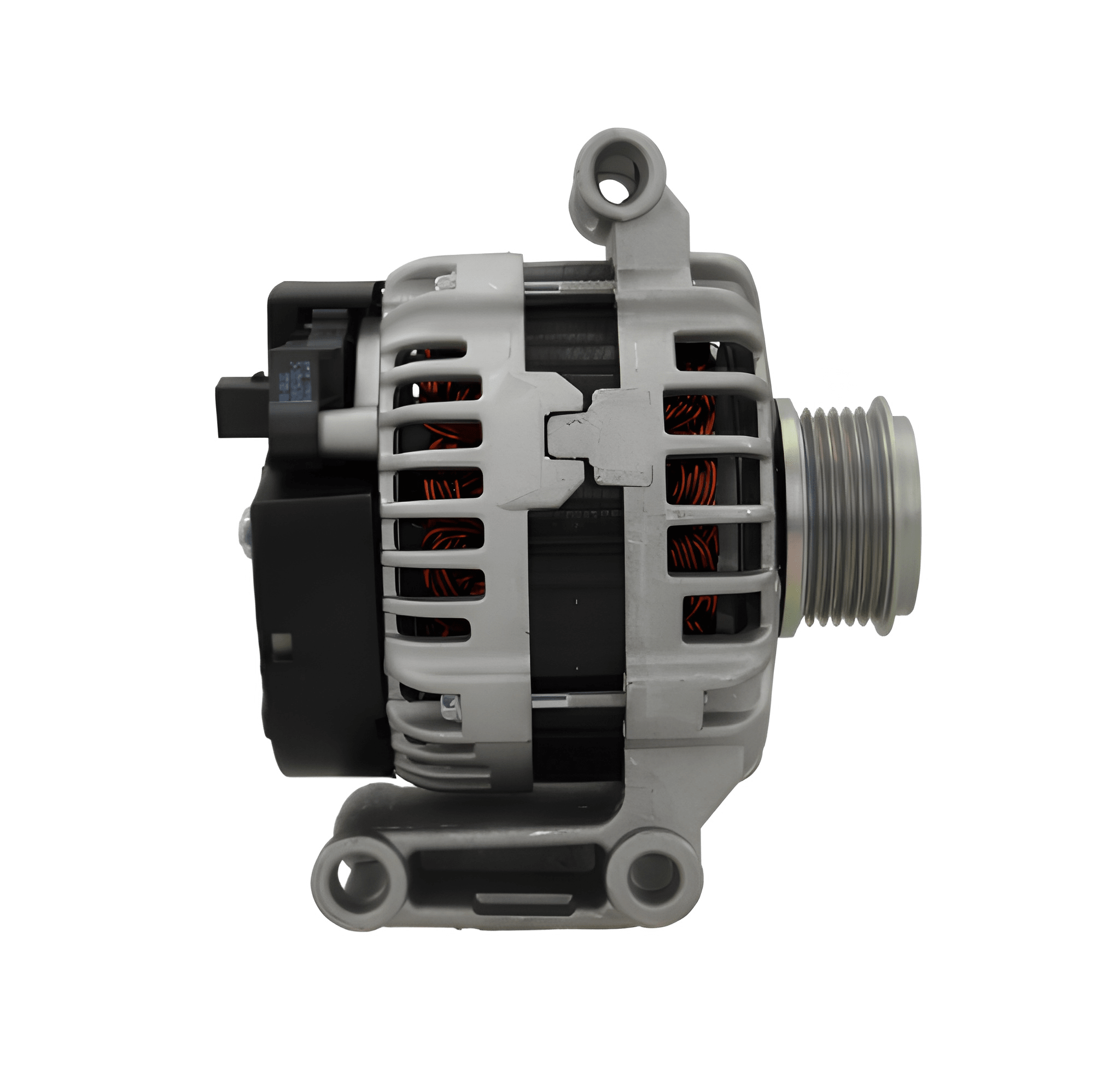 side view of A new aftermarket alternator for Citroën, Peugeot, Ford and Fiat vehicles, featuring a metallic body with a pulley and connectors. on a white background