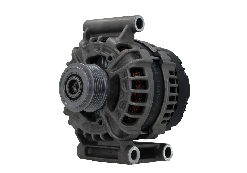A new 12V 180 Amp aftermarket alternator for Citroën/Peugeot and ford vehicles, featuring a black color, multiple mounting holes, and a free wheel pulley.