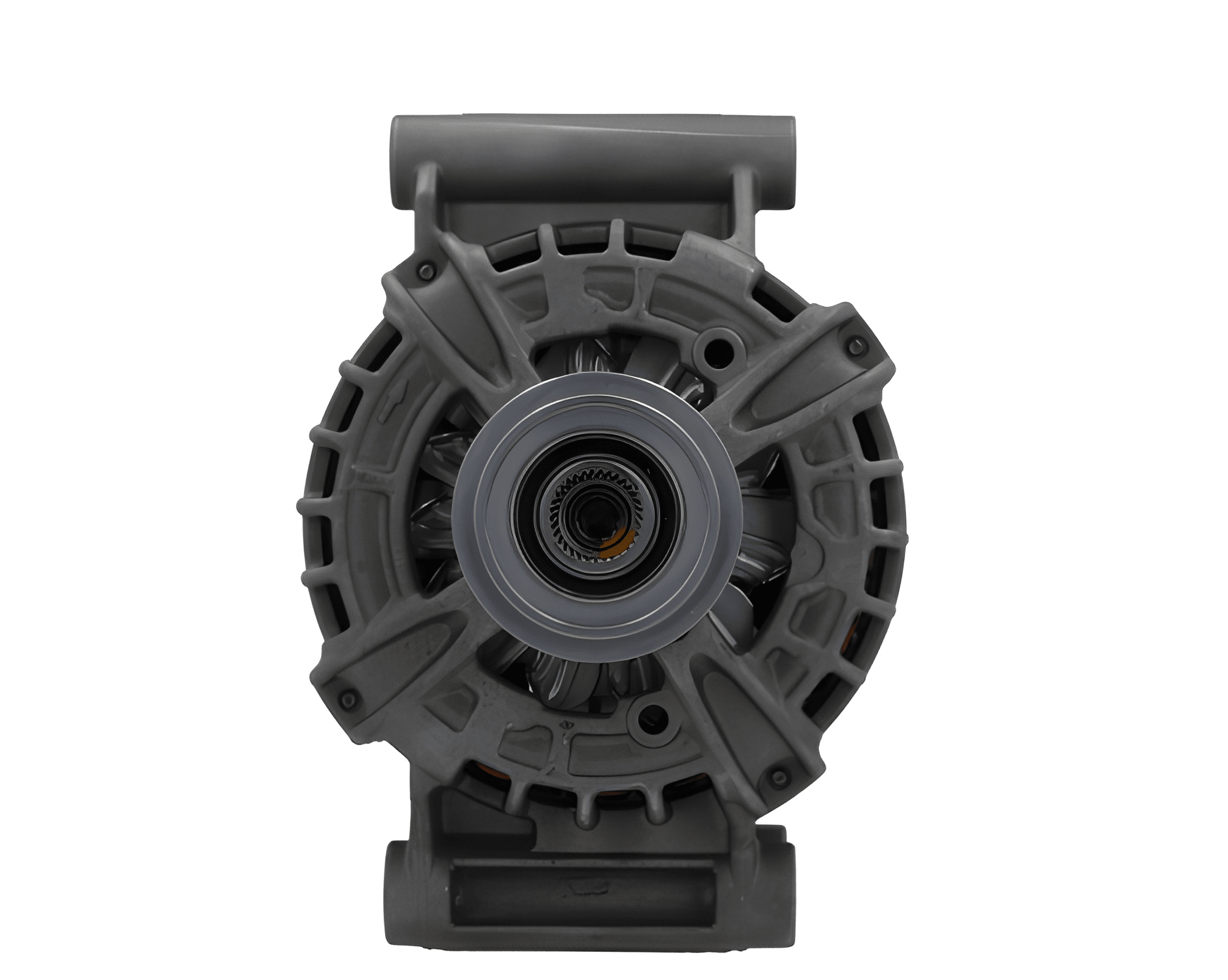 front view of A new 12V 180 Amp aftermarket alternator for Citroën/Peugeot and ford vehicles, featuring a black color, multiple mounting holes, and a free wheel pulley.