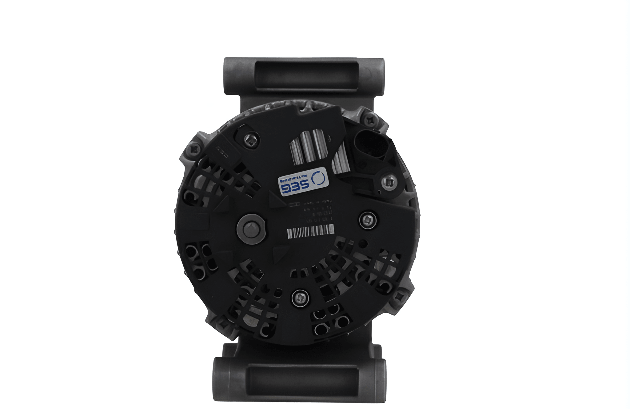 rear view of A new 12V 180 Amp aftermarket alternator for Citroën/Peugeot and ford vehicles, featuring a black color, multiple mounting holes, and a free wheel pulley.