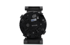 rear view of A new 12V 180 Amp aftermarket alternator for Citroën/Peugeot and ford vehicles, featuring a black color, multiple mounting holes, and a free wheel pulley.