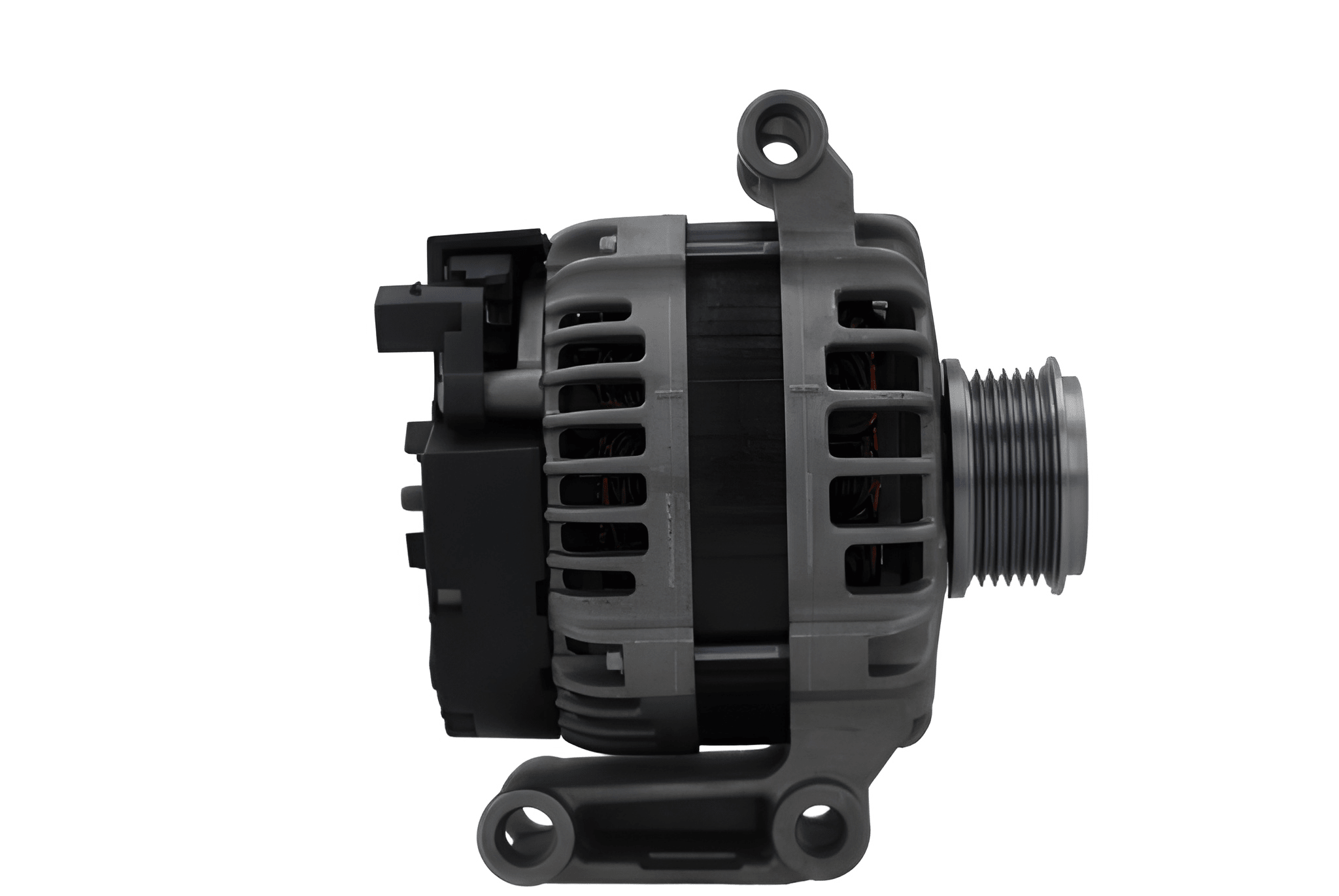 side view of A new 12V 180 Amp aftermarket alternator for Citroën/Peugeot and ford vehicles, featuring a black color, multiple mounting holes, and a free wheel pulley.