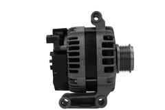 side view of A new 12V 180 Amp aftermarket alternator for Citroën/Peugeot and ford vehicles, featuring a black color, multiple mounting holes, and a free wheel pulley.