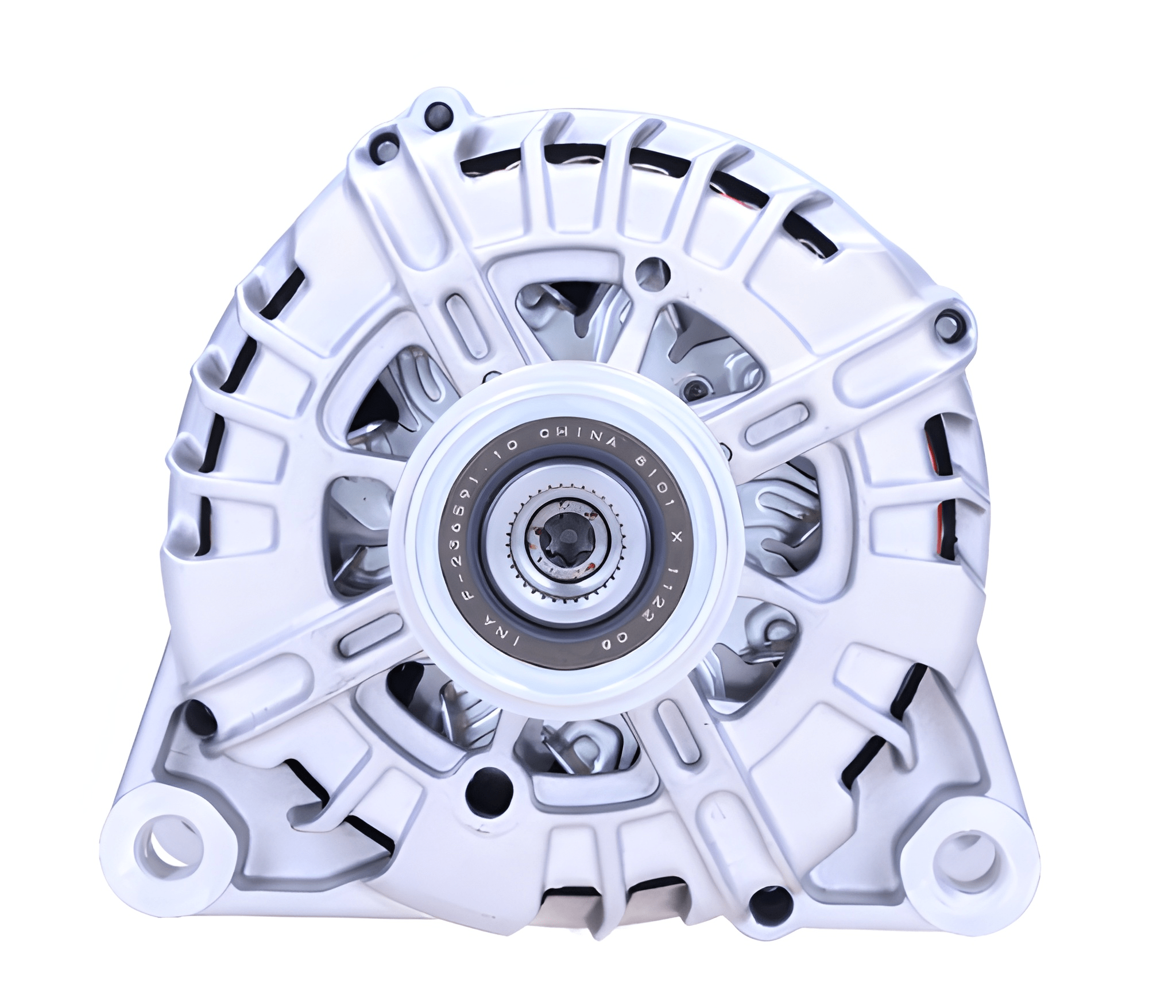 front view of a Car alternator on a white background