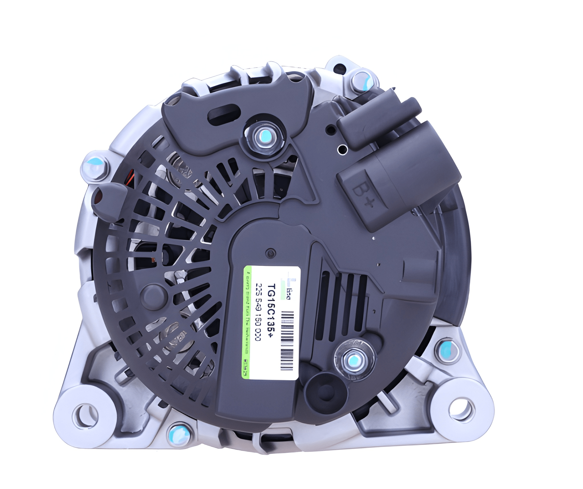 rear view of a Car alternator on a white background