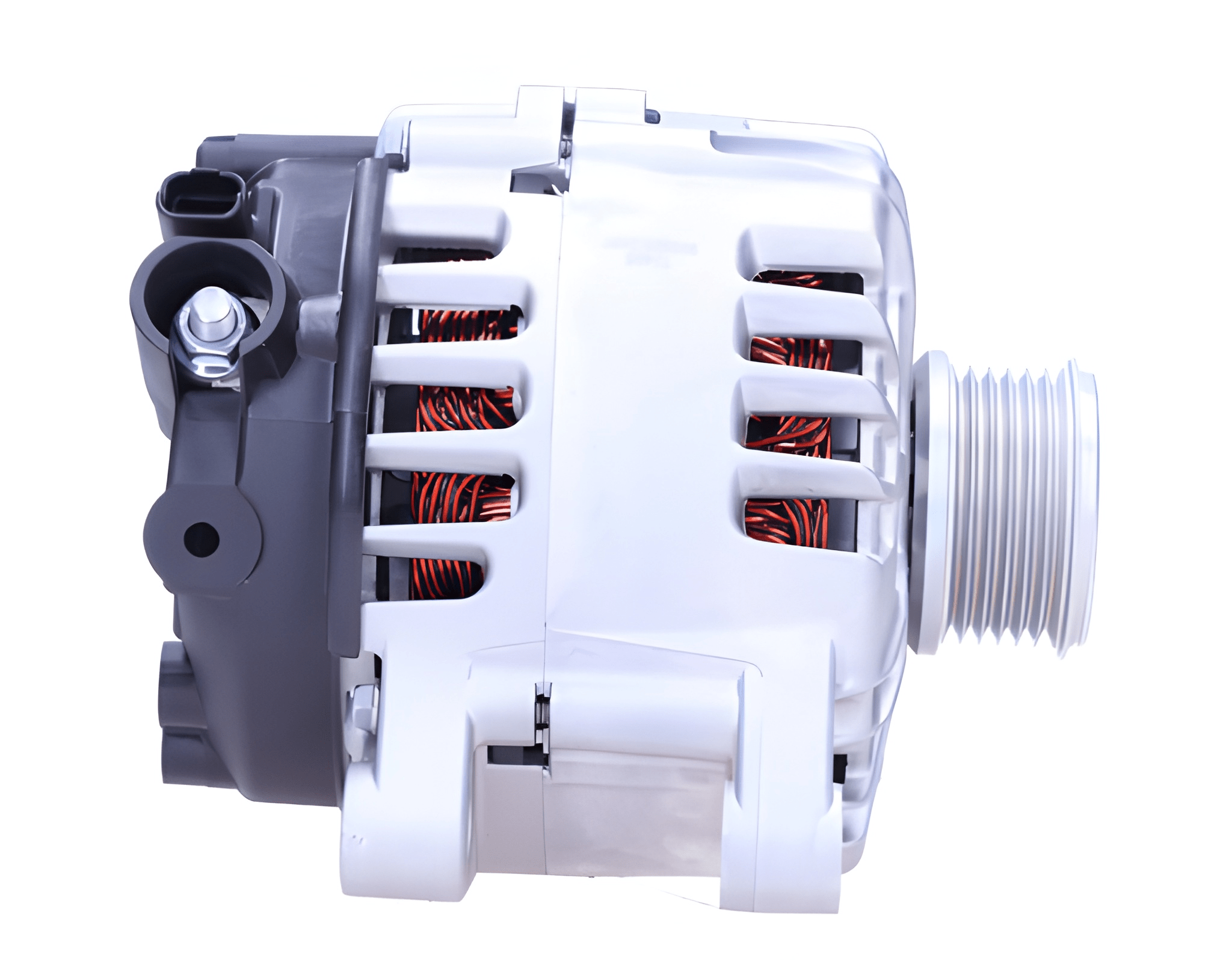 side view of a Car alternator on a white background
