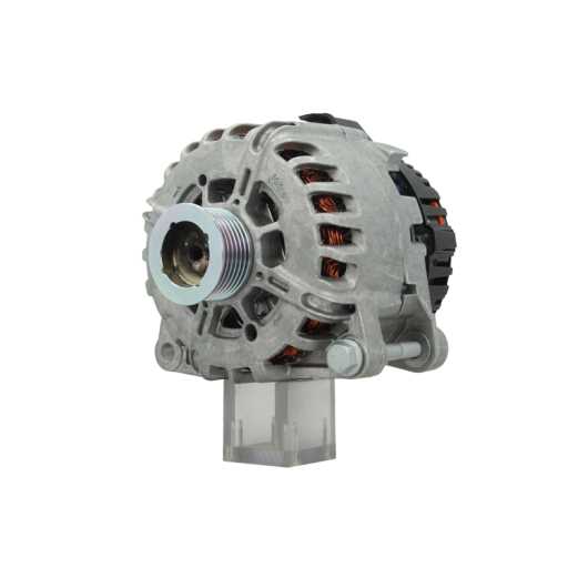 A new aftermarket alternator for Citroën/Peugeot vehicles, showing a metallic body with a pulley and connectors.