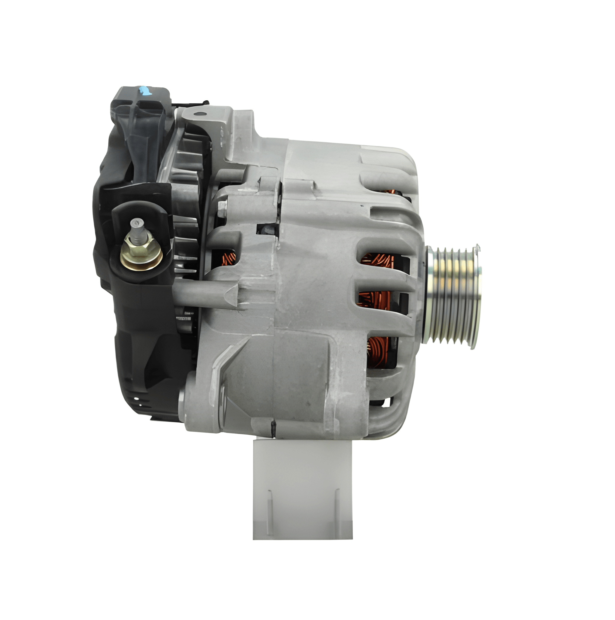 side view of a Car alternator on a white background