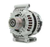 A new aftermarket alternator for Citroën, Peugeot, ford and fiat vehicles, featuring a metal body with a gray and silver color scheme, multiple components, and a free wheel pulley. on a white background