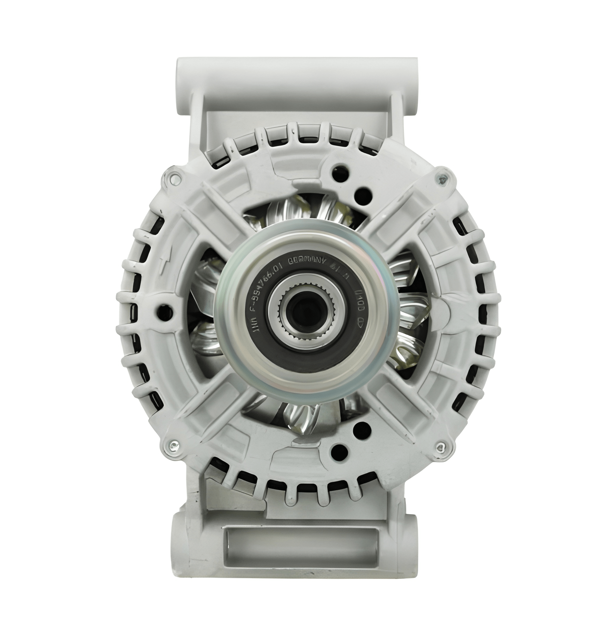 A new aftermarket alternator for Citroën, Peugeot, ford and fiat vehicles, featuring a metal body with a gray and silver color scheme, multiple components, and a free wheel pulley. on a white background
