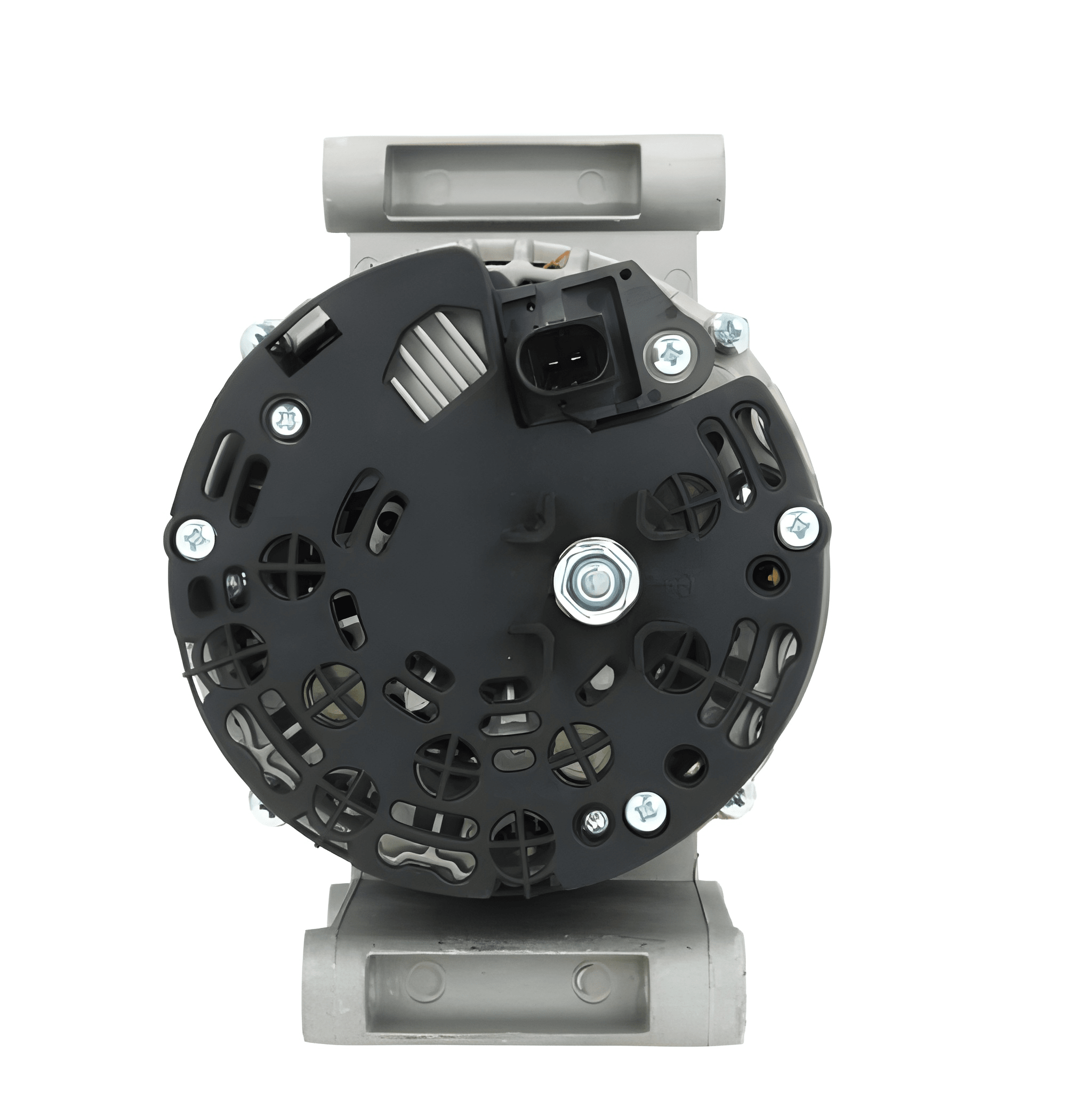 A new aftermarket alternator for Citroën, Peugeot, ford and fiat vehicles, featuring a metal body with a gray and silver color scheme, multiple components, and a free wheel pulley. on a white background