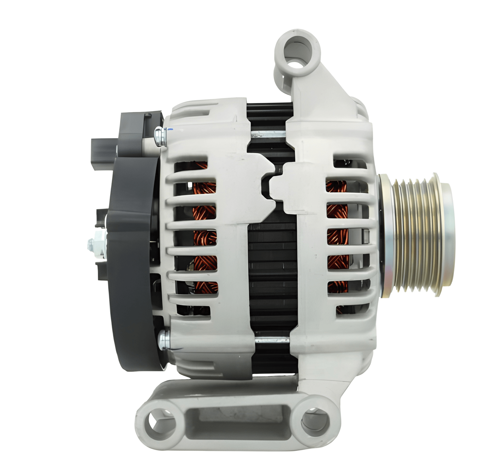A new aftermarket alternator for Citroën, Peugeot, ford and fiat vehicles, featuring a metal body with a gray and silver color scheme, multiple components, and a free wheel pulley. on a white background