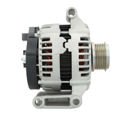 A new aftermarket alternator for Citroën, Peugeot, ford and fiat vehicles, featuring a metal body with a gray and silver color scheme, multiple components, and a free wheel pulley. on a white background