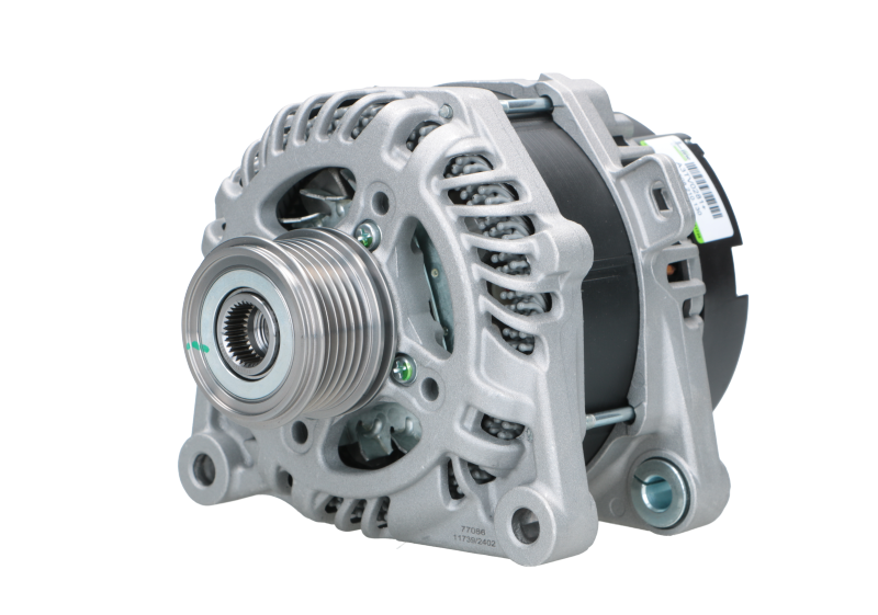 A new aftermarket alternator for Citroën/Peugeot vehicles, featuring a metallic finish with mounting holes and a pulley visible at the front.