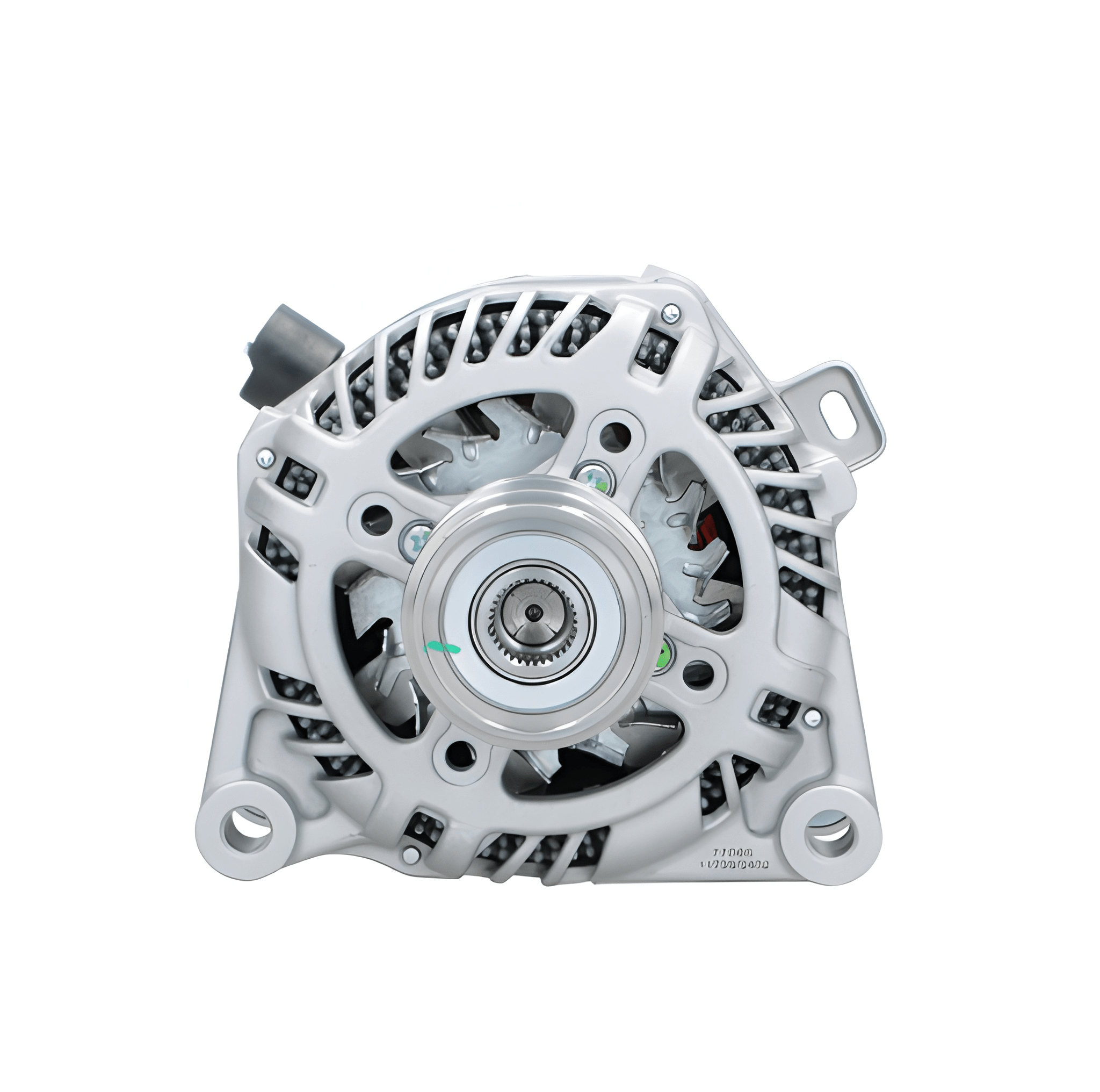 front view of a new aftermarket alternator with a metal body, electrical connectors, and a pulley for a vehicle. on a white background