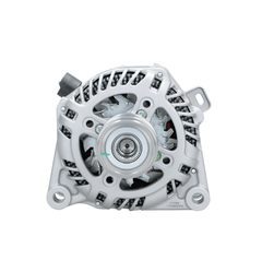 front view of a new aftermarket alternator with a metal body, electrical connectors, and a pulley for a vehicle. on a white background