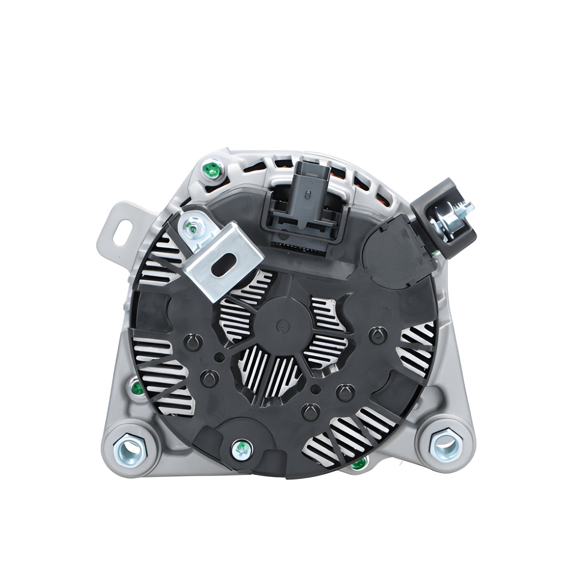 rear view of a new aftermarket alternator with a metal body, electrical connectors, and a pulley for a vehicle. on a white background