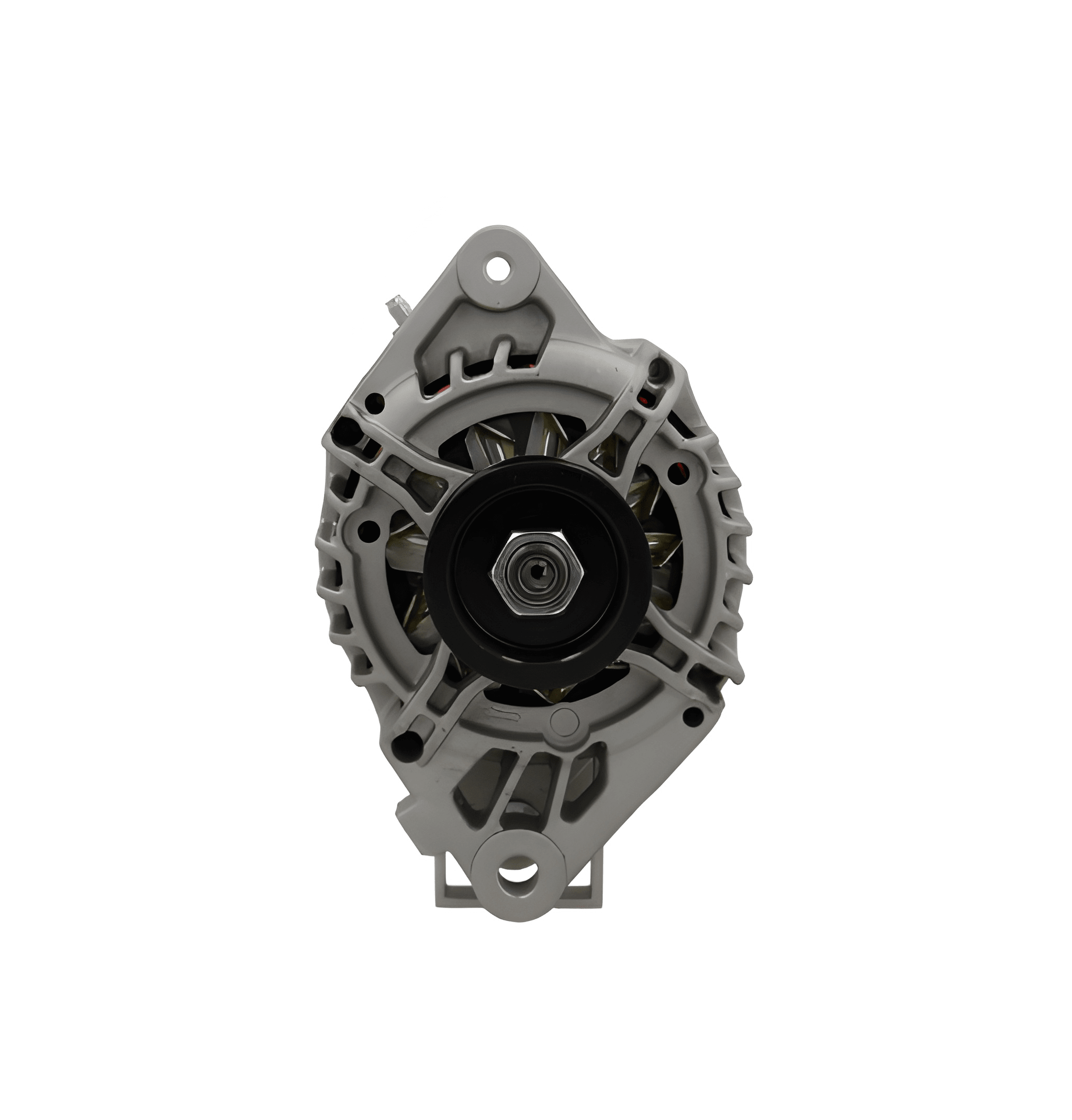 front view of A new 12V aftermarket alternator 70Amps for Citroën/Peugeot/Toyota vehicles, showing a metallic body with a pulley and connectors.