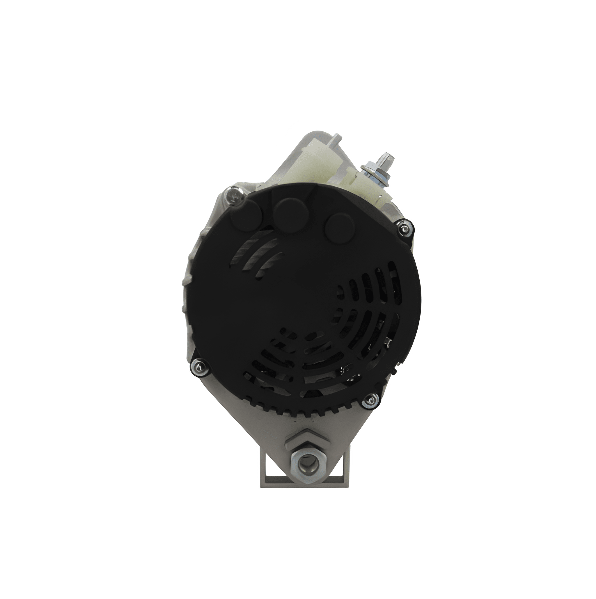 rear view of A new 12V aftermarket alternator 70Amps for Citroën/Peugeot/Toyota vehicles, showing a metallic body with a pulley and connectors.