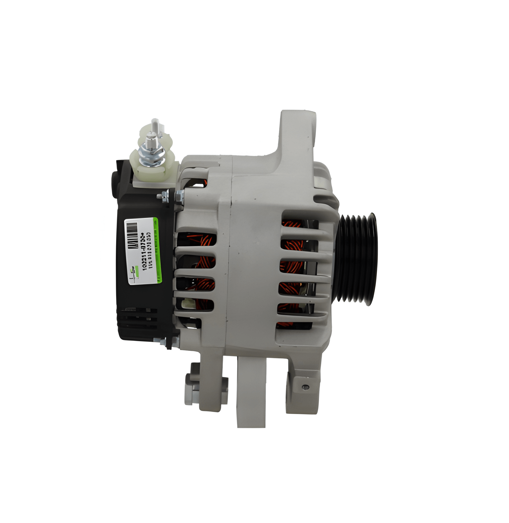 side view of A new 12V aftermarket alternator 70Amps for Citroën/Peugeot/Toyota vehicles, showing a metallic body with a pulley and connectors.