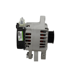 side view of A new 12V aftermarket alternator 70Amps for Citroën/Peugeot/Toyota vehicles, showing a metallic body with a pulley and connectors.