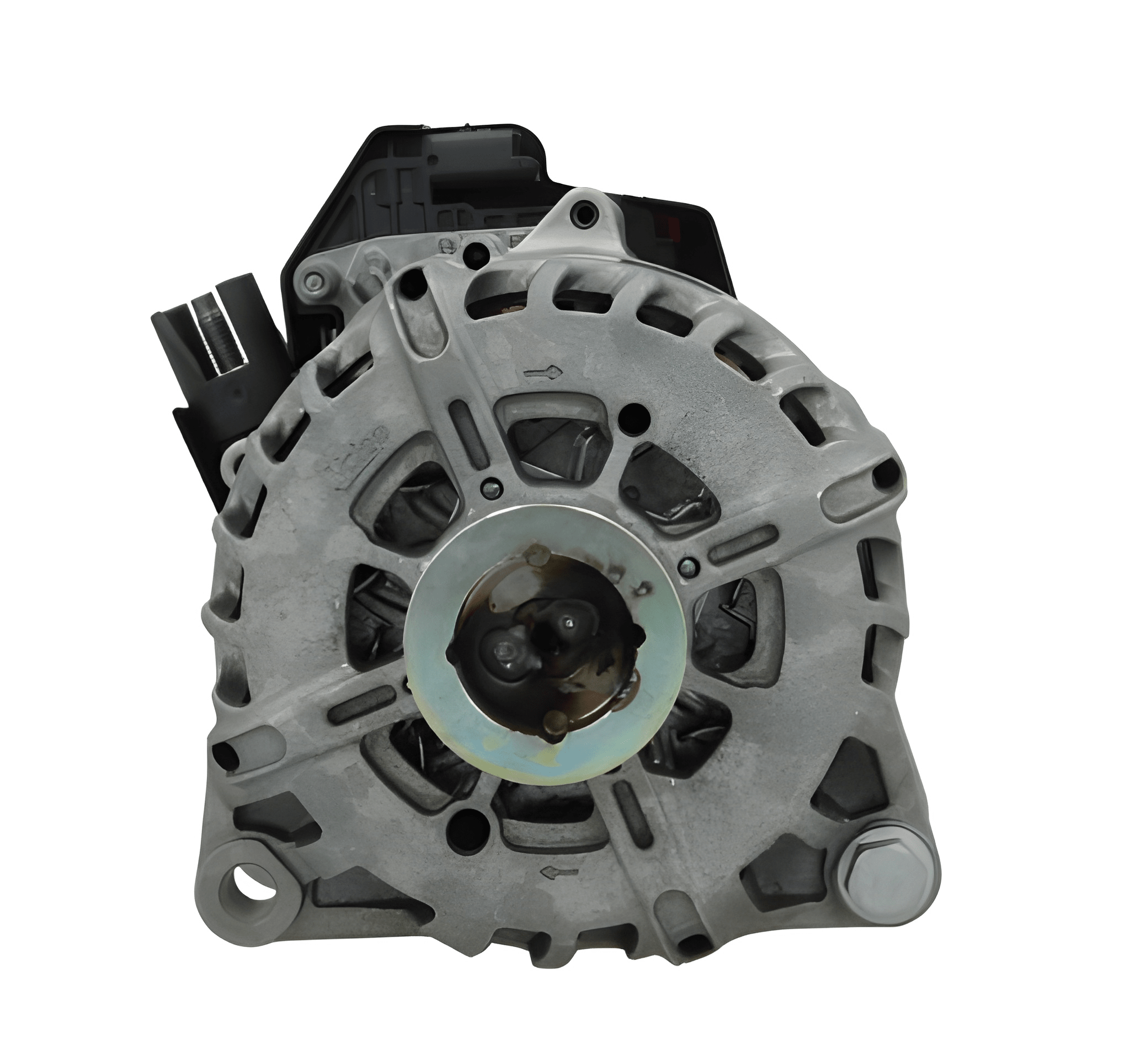 A new aftermarket alternator for Citroën/Peugeot/toyota/opel vehicles, featuring a metallic body with mounting holes and electrical connectors. on a white background