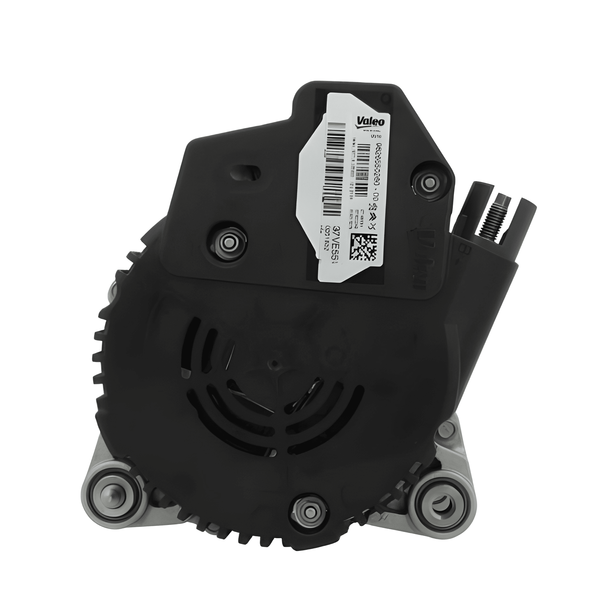 A new aftermarket alternator for Citroën/Peugeot/toyota/opel vehicles, featuring a metallic body with mounting holes and electrical connectors. on a white background