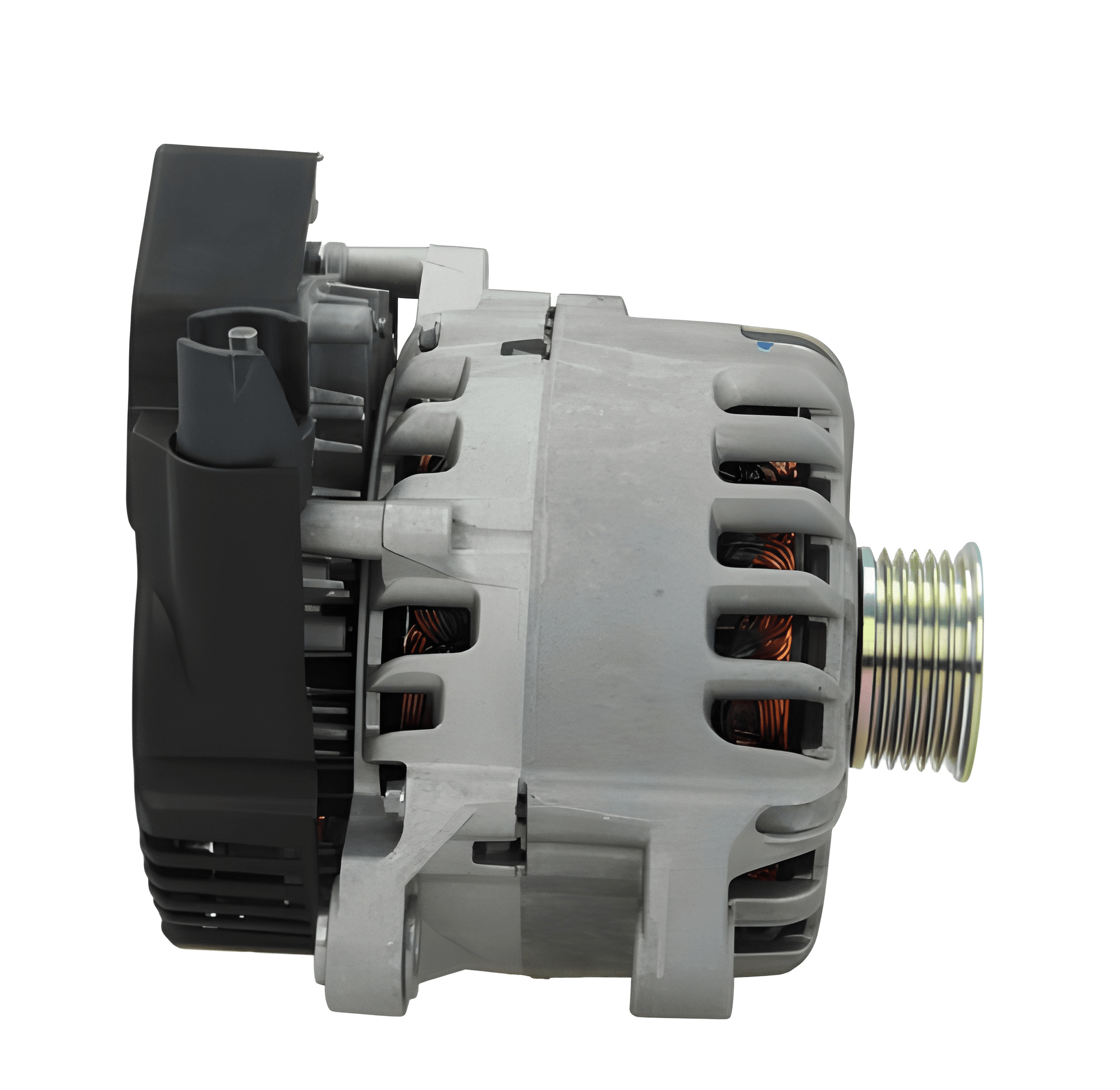 A new aftermarket alternator for Citroën/Peugeot/toyota/opel vehicles, featuring a metallic body with mounting holes and electrical connectors. on a white background