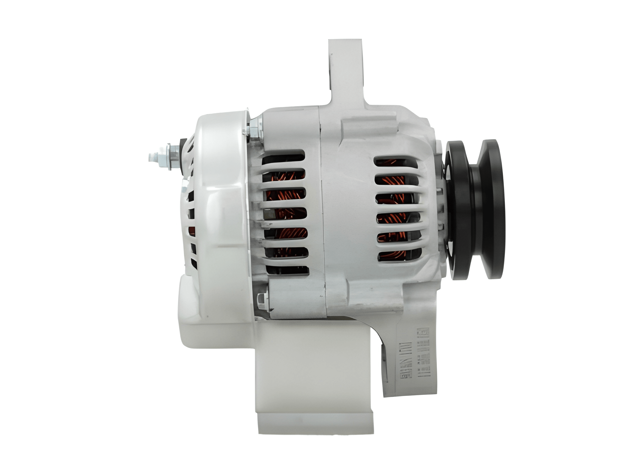 side view of a Car alternator on a white background