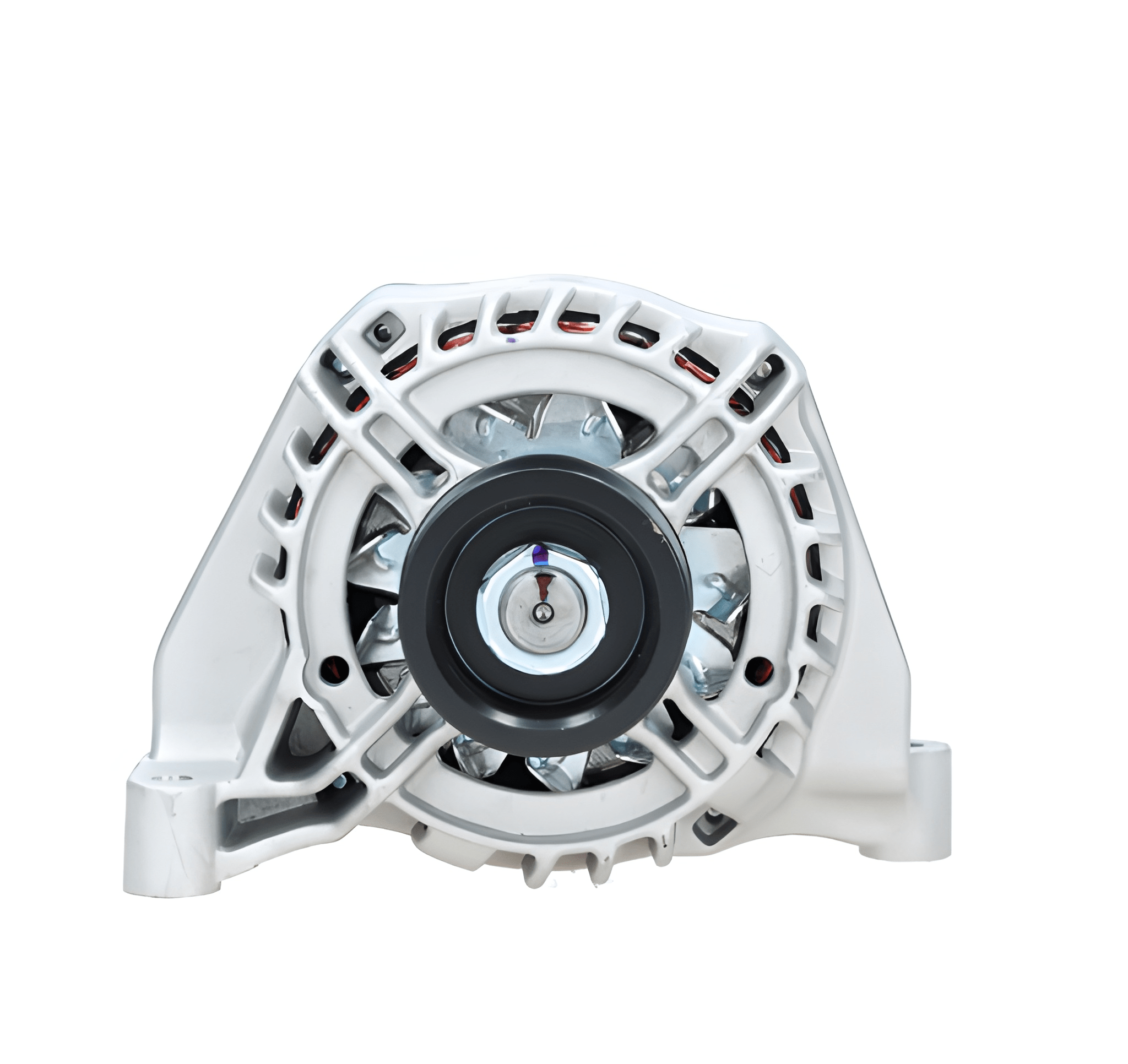 front view of A new aftermarket alternator for Fiat vehicles, featuring a metal body with wiring and a pulley system. on a white background