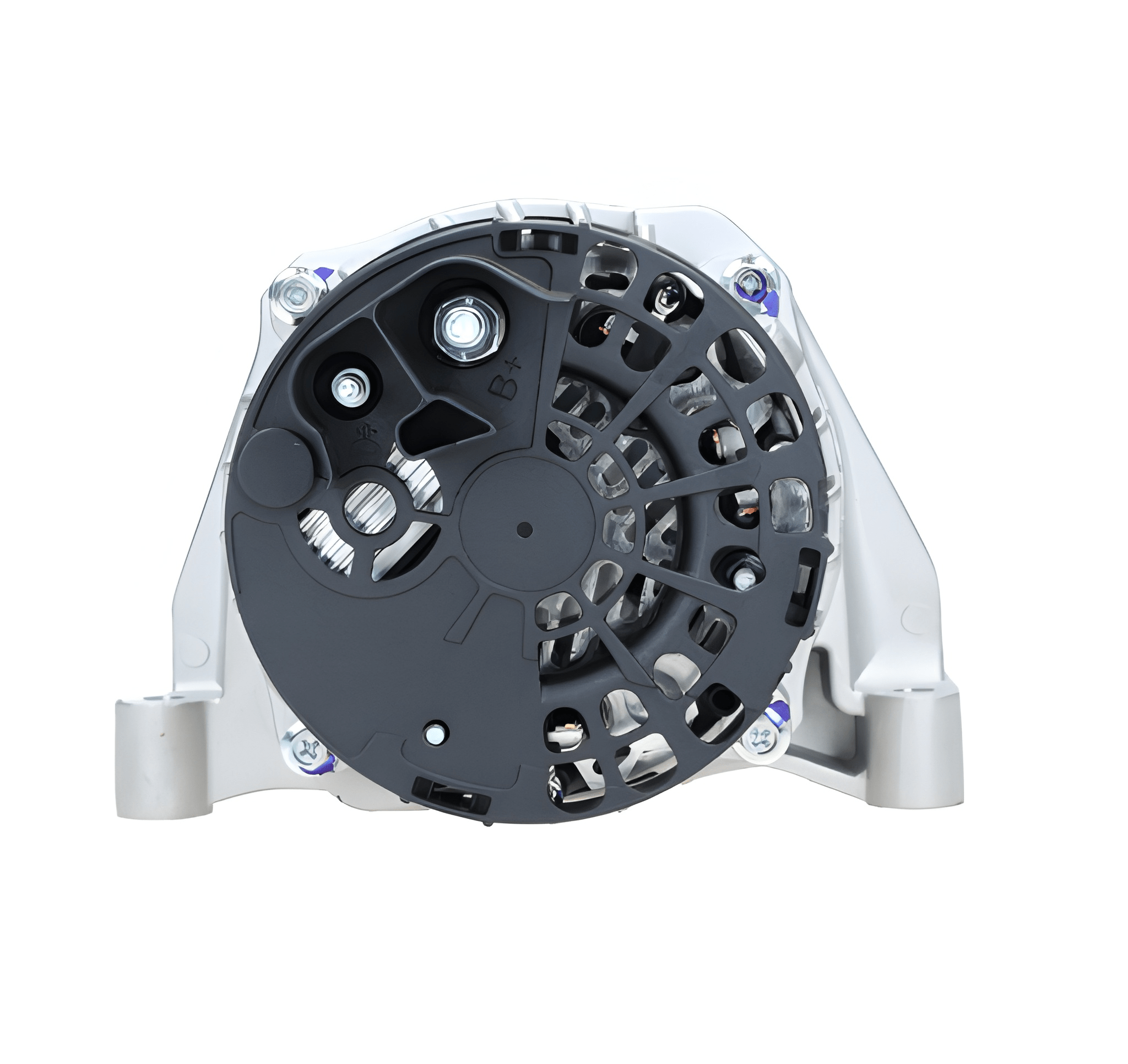 rear view of A new aftermarket alternator for Fiat vehicles, featuring a metal body with wiring and a pulley system. on a white background