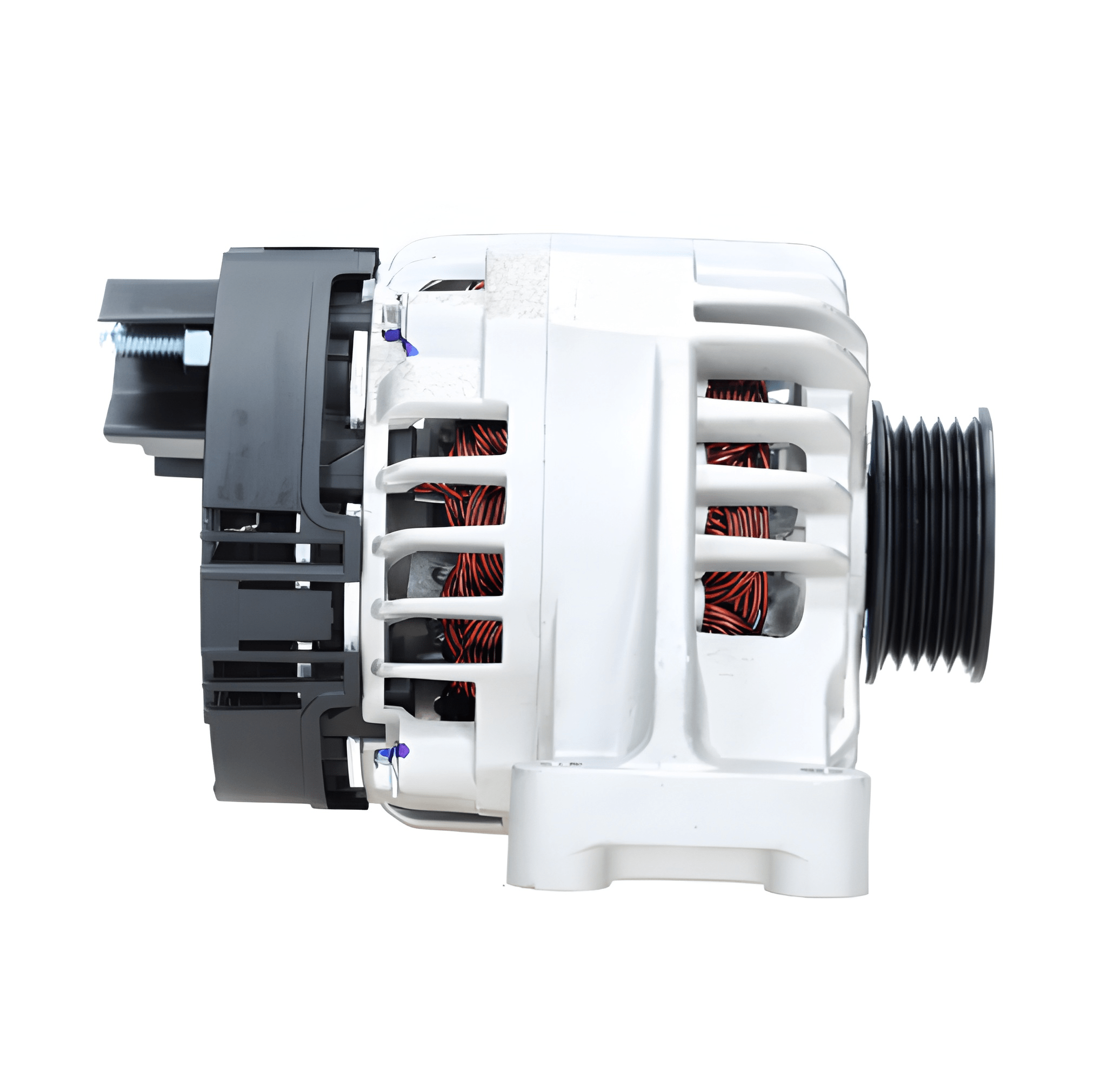 side view of A new aftermarket alternator for Fiat vehicles, featuring a metal body with wiring and a pulley system. on a white background