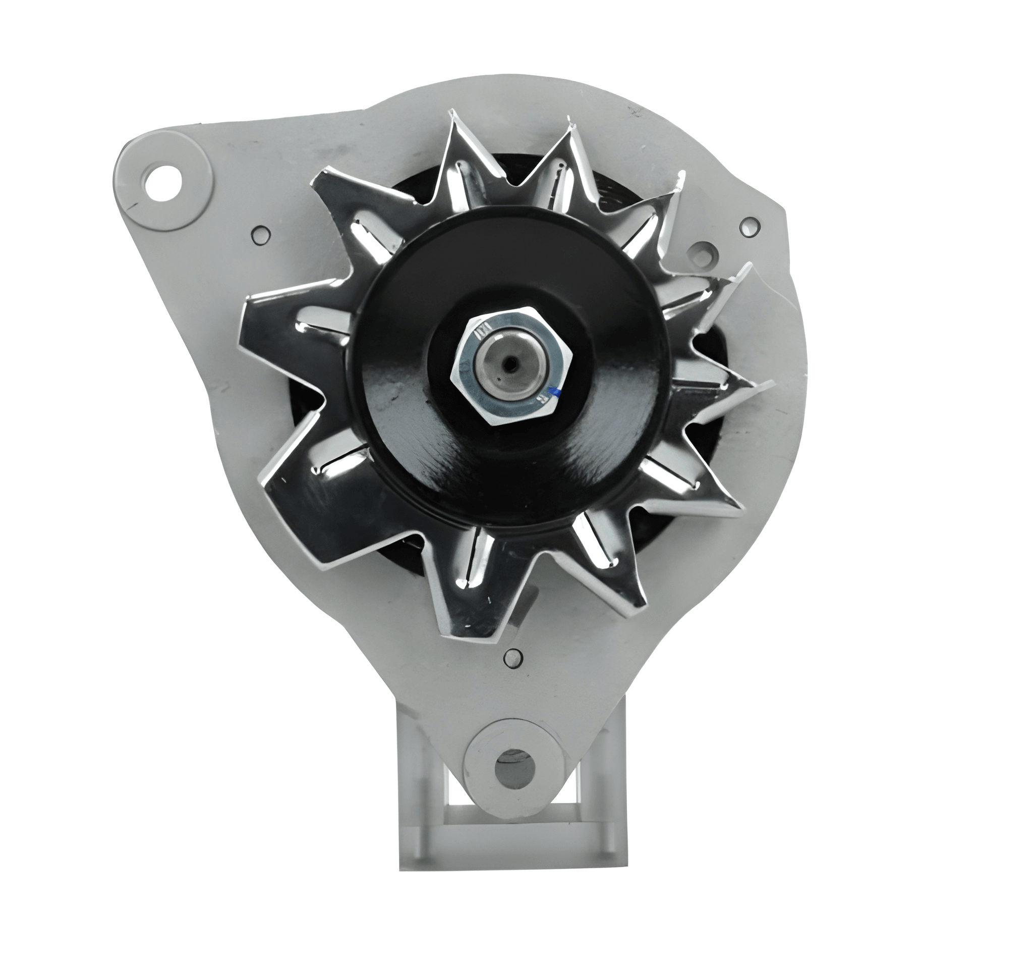 front view of a Car alternator on a white background