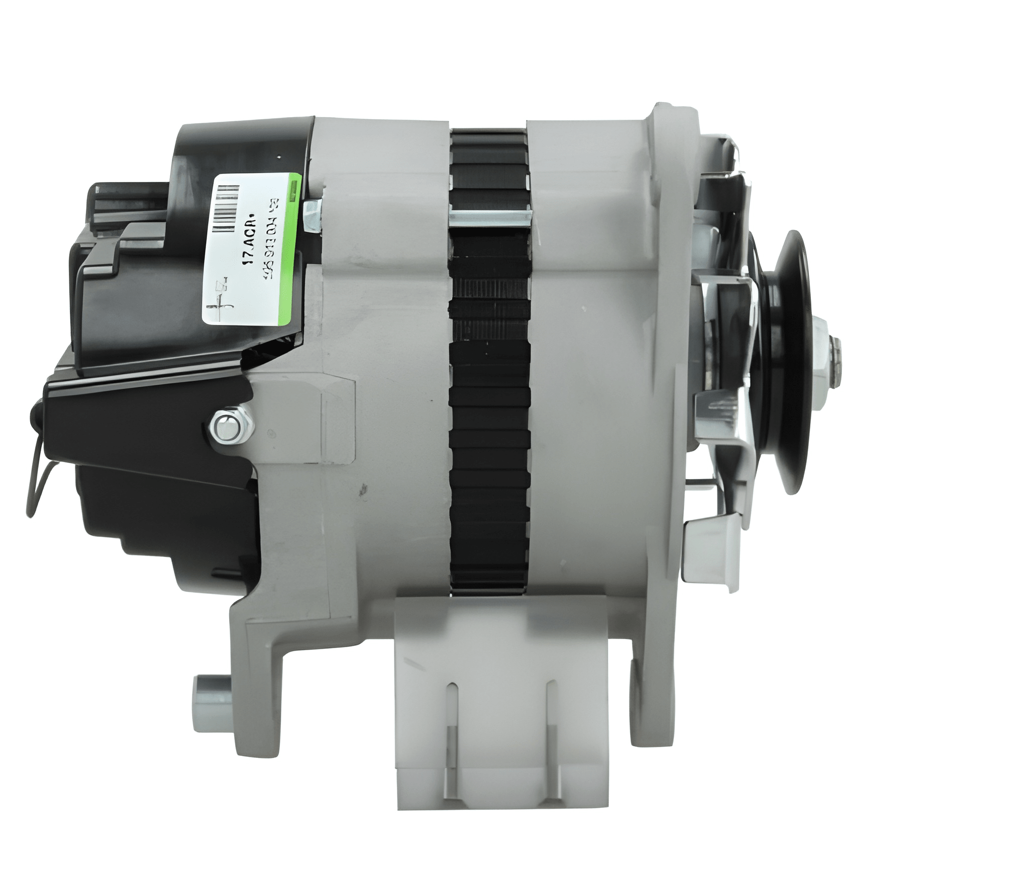 side view of a Car alternator on a white background