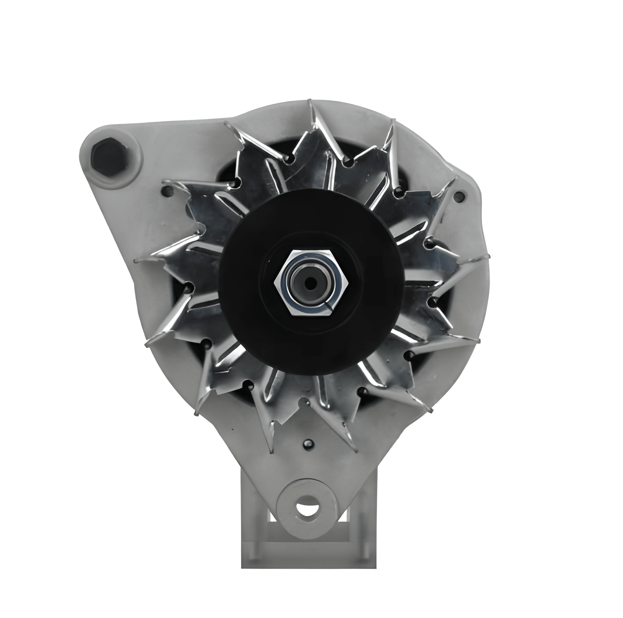 front view of A Ford 45A alternator with a pulley, mounting holes, and a black and gray color scheme. on a white background