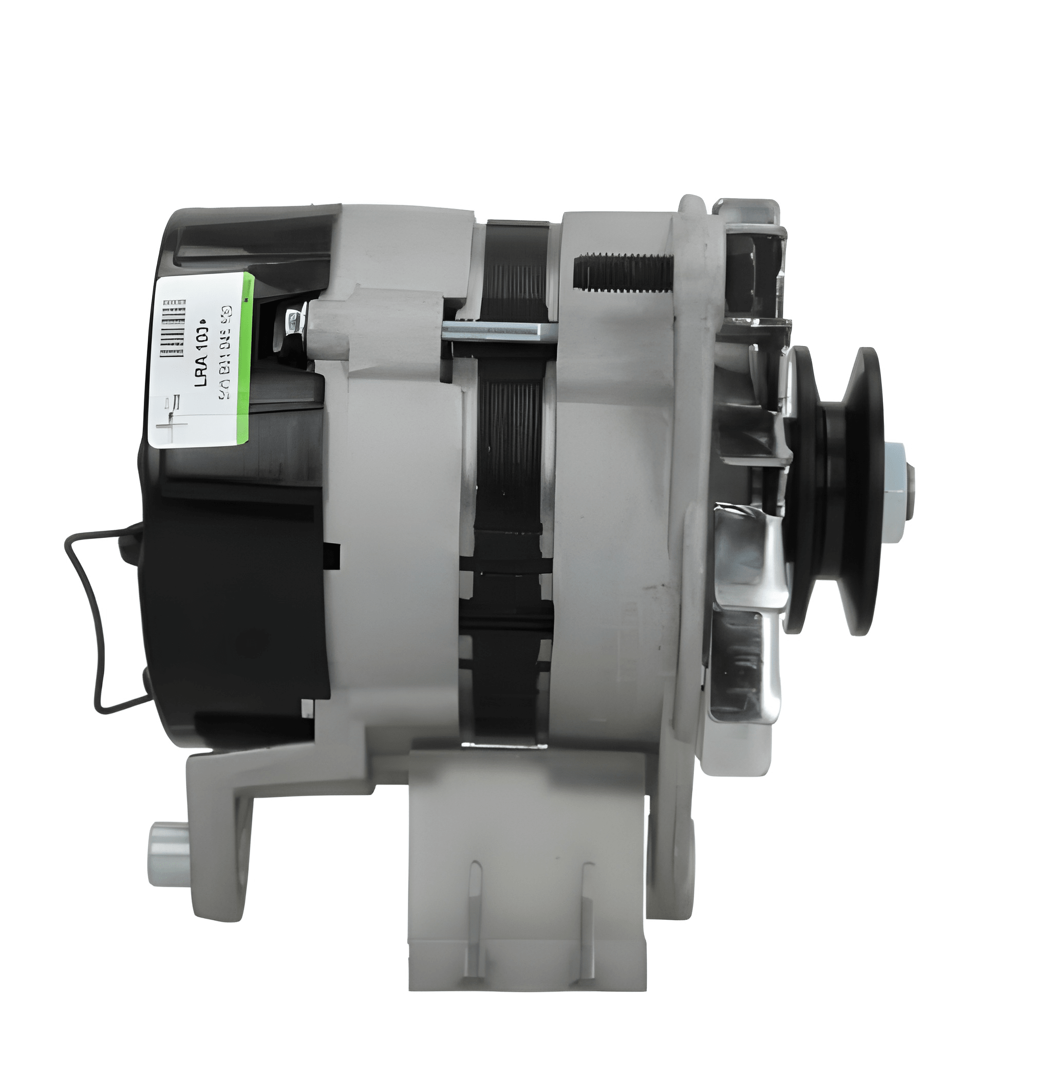 side view of A Ford 45A alternator with a pulley, mounting holes, and a black and gray color scheme. on a white background